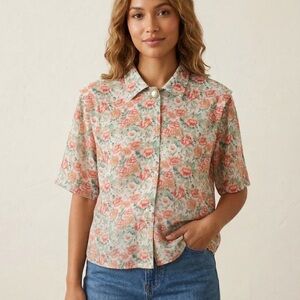 Notations Coral Pink Floral Pearl-Button Short Sleeve Blouse